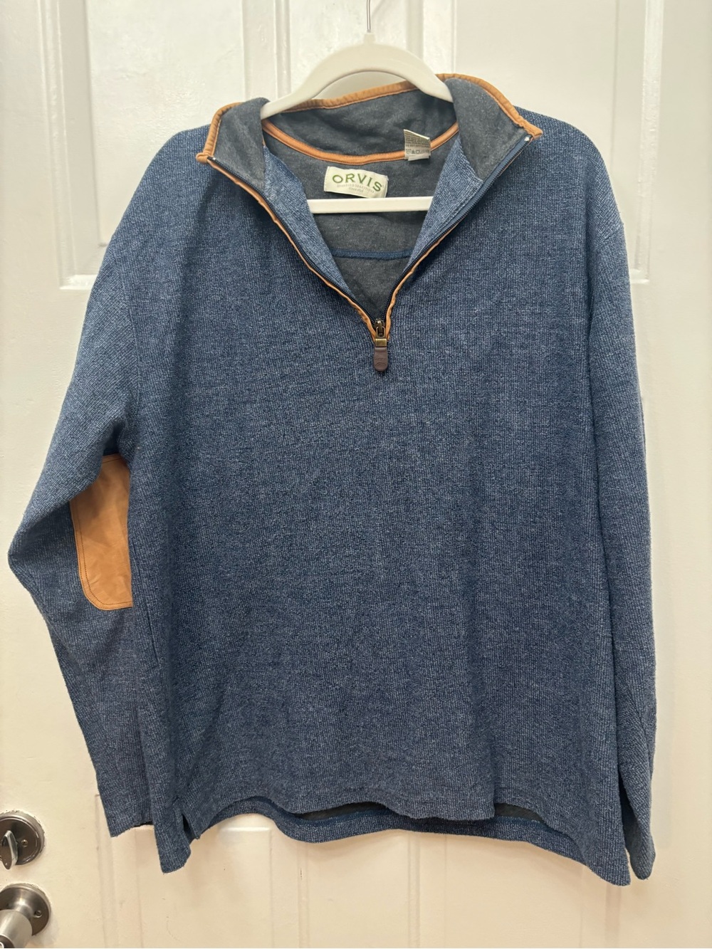 Orvis Men’s Denim Blue Half-Zip Sweater with Tan Elbow Patches